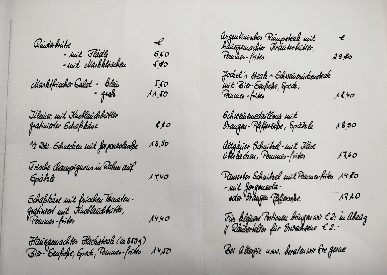 Speisekarte Raubacher Höhe März 2026